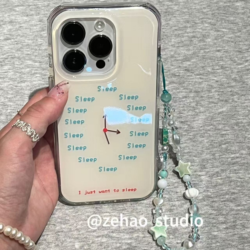 ZEHAO*ins简约sleep睡觉时钟双层印花韩系14适用iphone16promax苹果16pro手机壳苹果16/13软15Promax保护套女