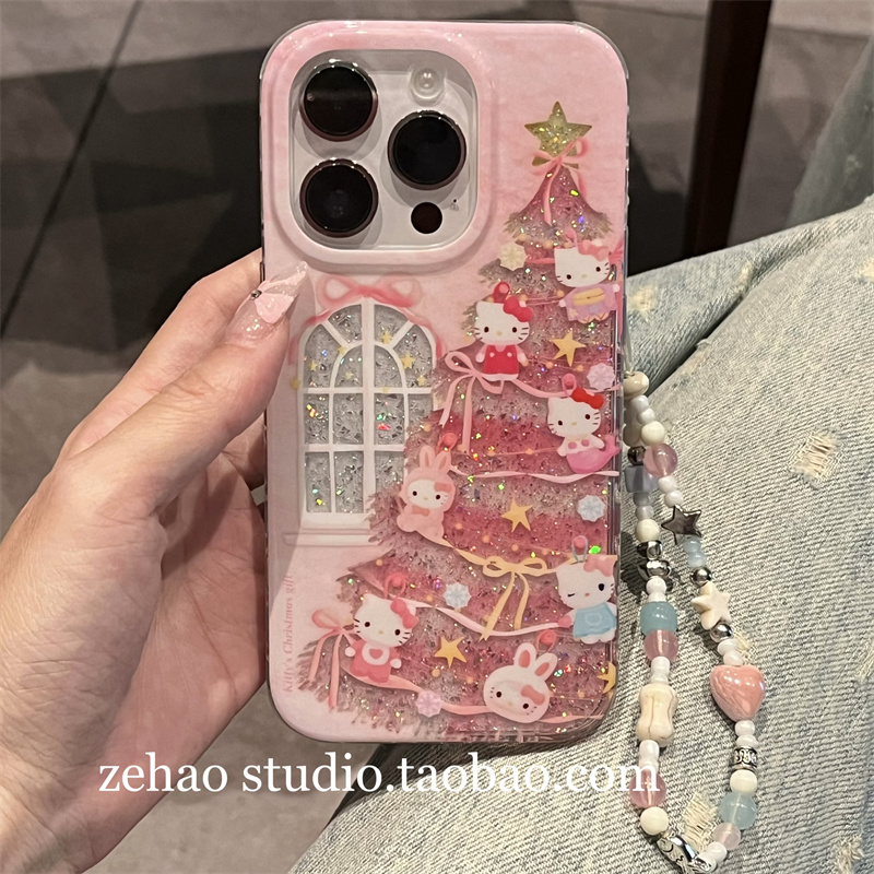 ins可爱闪粉圣诞树kitty双层壳