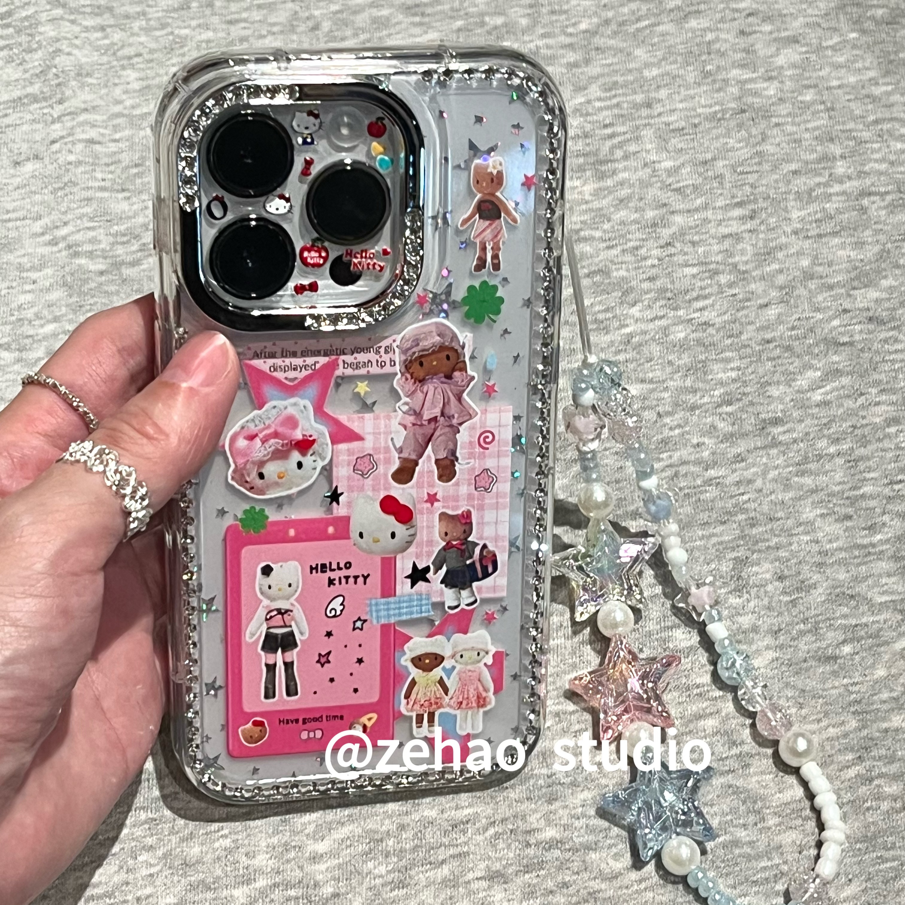 ZEHAO*ins透明可爱钻边长腿kt双层印花韩系14适用iphone16promax苹果16pro手机壳苹果16/13软15Promax保护套1