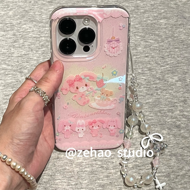 ZEHAO*ins粉红花形时钟甜点兔双层印花韩系14适用iphone16promax苹果16pro手机壳苹果16/13软15Promax保护套1
