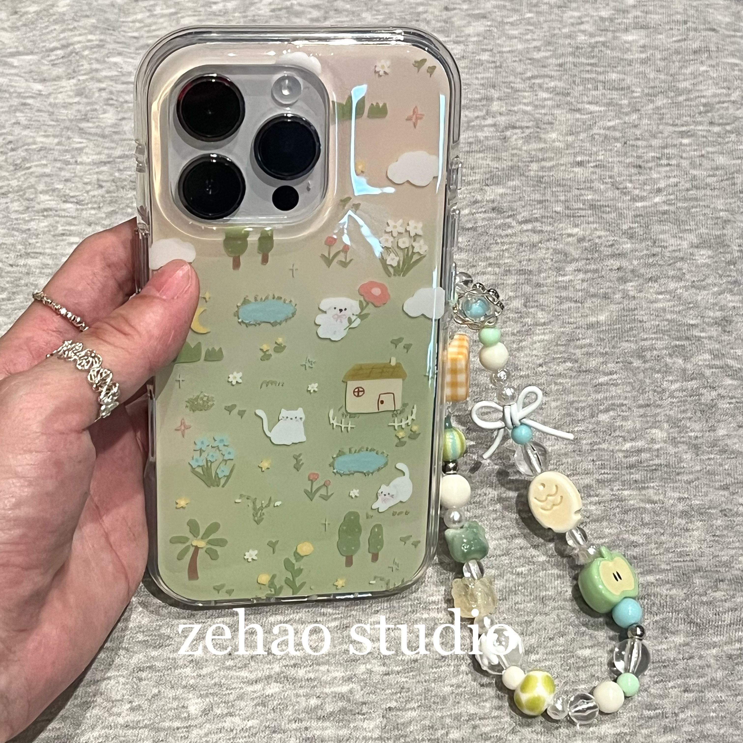 ZEHAO*ins清新草绿小猫小狗双层印花韩系14适用iphone16promax苹果16pro手机壳苹果16/13软15Promax保护套1女