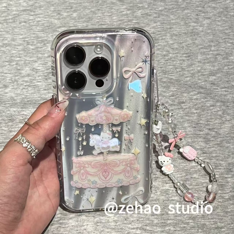 ZEHAO*ins银镭射梦幻旋转木马猫咪双层印花韩系14适用iphone16promax苹果16pro手机壳苹果16/15Promax保护套1