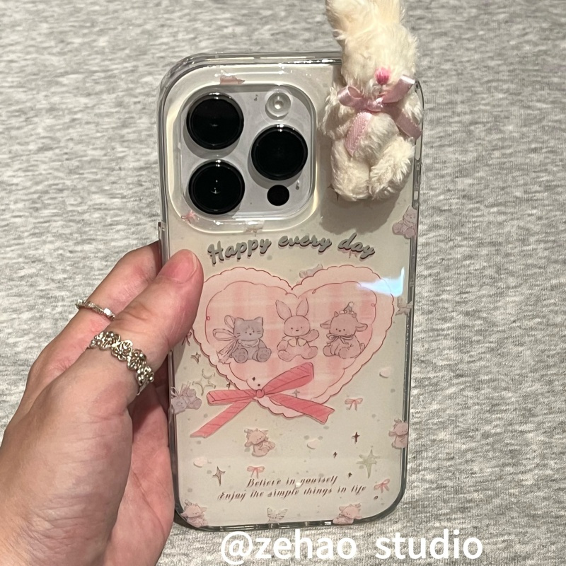 ZEHAO*ins奶呼呼蝴蝶结玩偶双层印花韩系14适用iphone16promax苹果16pro手机壳苹果16/13软15Promax保护套1女