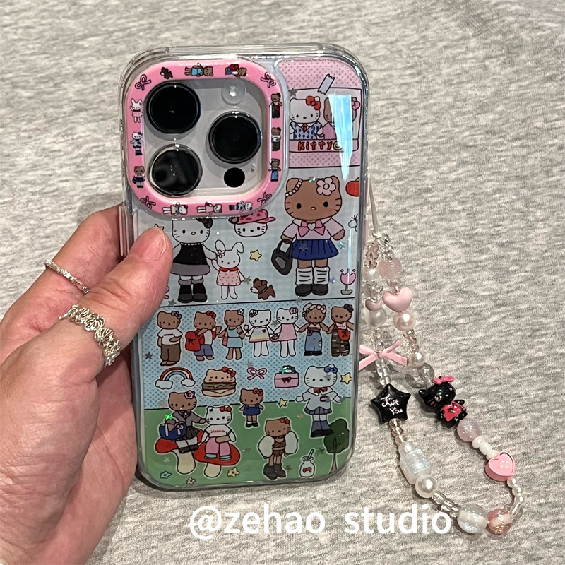 ZEHAO*ins滴胶满屏长腿凯蒂双层印花韩系14适用iphone16promax苹果16pro手机壳苹果16/13软15Promax保护套1女