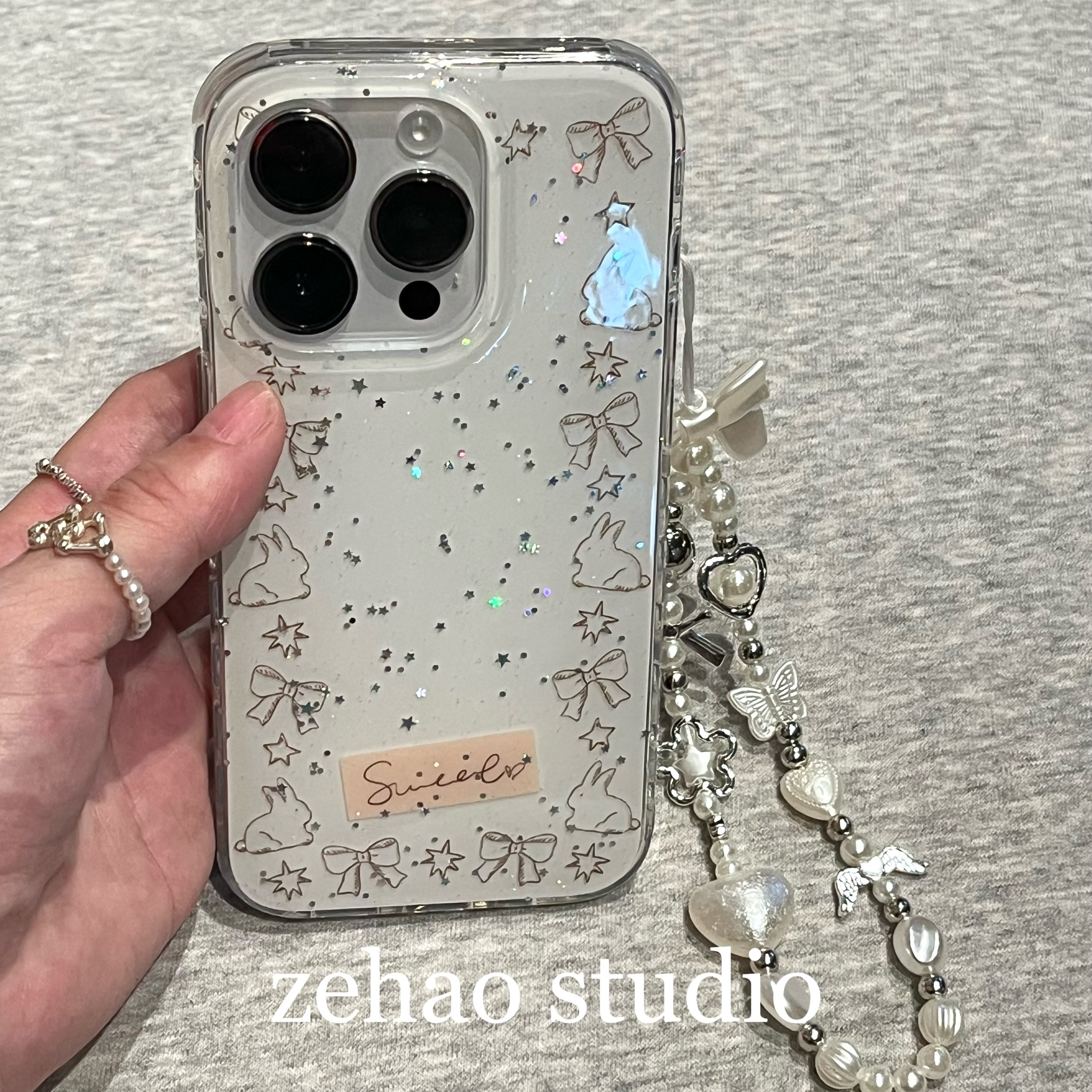 ZEHAO*ins细闪围边蝴蝶结兔子双层印花韩系14适用iphone16promax苹果16pro手机壳苹果16/13软15Promax保护套1