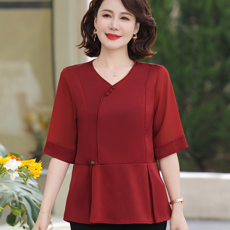 新款妈妈婚宴红色上衣服套装女装夏季短袖时尚喜庆婆婆结婚礼服穿