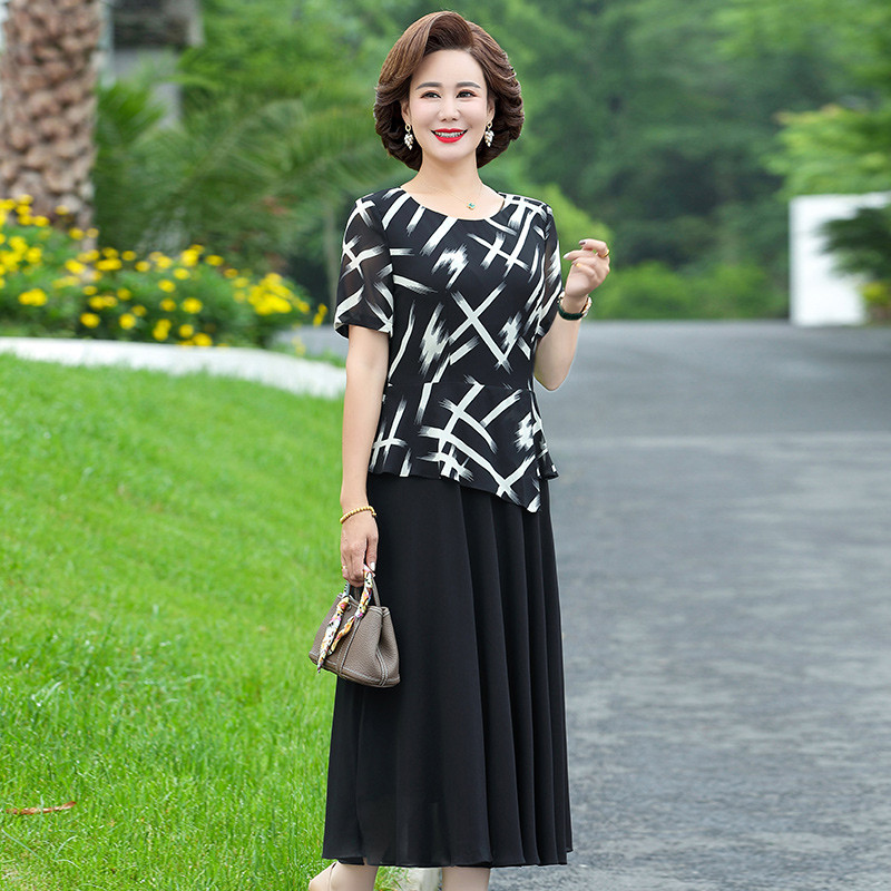 新款中年半身裙套装裙子中老年人女款夏季短袖套裙50多岁妈妈夏装