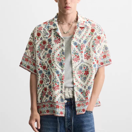 2025夏季新品男装棉质碎花印花翻领短袖衬衫宽松休闲0399094 600