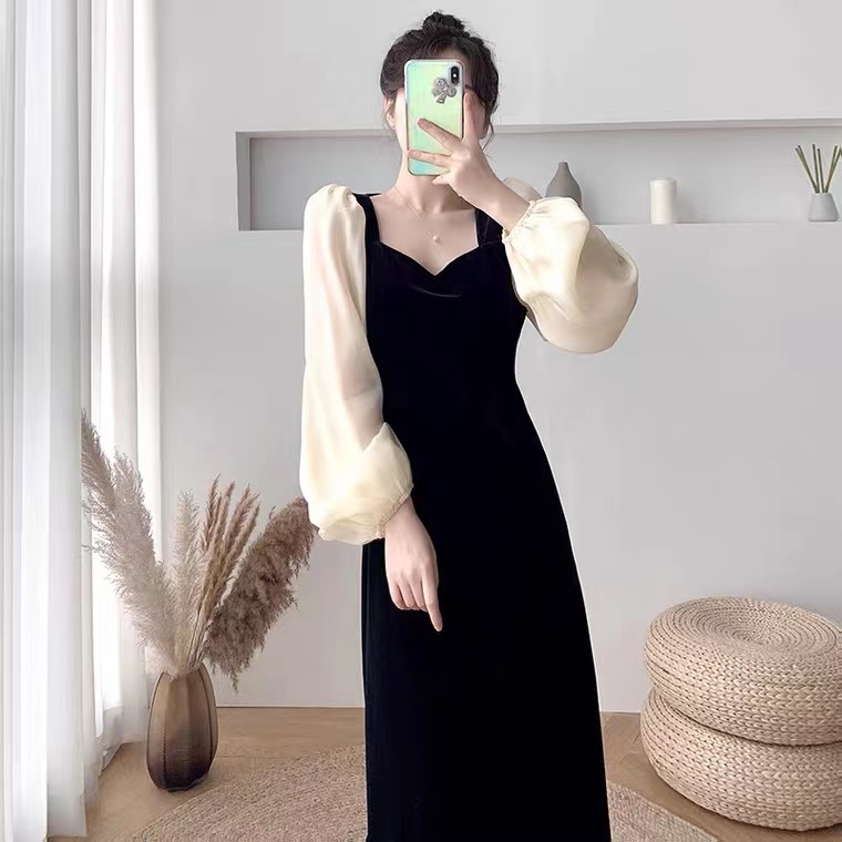 法式赫本风金丝绒洋装女