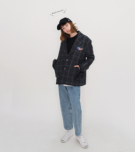 NEATO逆光女装复古毛呢格纹刺绣西服外套学院风
