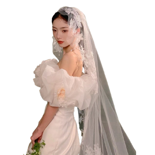 唯美蕾丝复古新娘森系头纱主婚纱复古长拖尾结婚造型影楼风拍摄