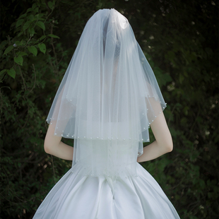 森系领证求婚白色简约拍照道具 新娘结婚主婚纱头纱头饰女超仙短款