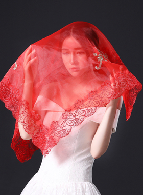 红盖头蕾丝刺绣欧根纱中式复古女