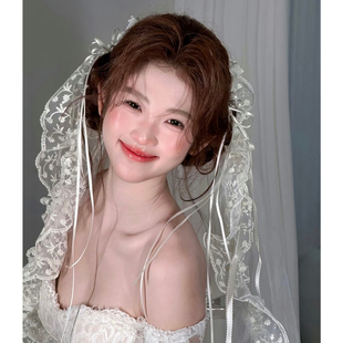 新娘蝴蝶结白色蕾丝法式复古头纱半透明蕾丝花片头纱高级感气质