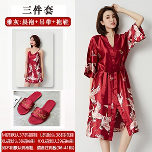 婚礼晨袍女新娘伴娘服结婚睡衣高级感红色长款 睡袍夏 大码 仙鹤中式