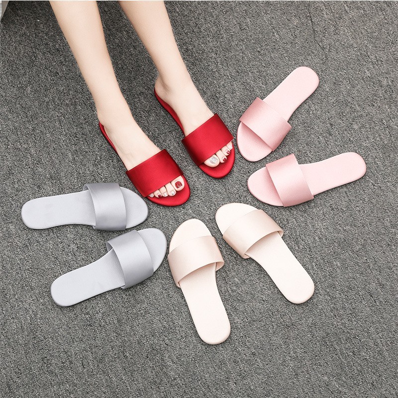 新婚绸缎红拖鞋婚礼晨袍搭配鞋女