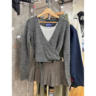 BM风 新款深灰色V领绑带针织开衫女bm辣妹修身显瘦百搭毛衣外套