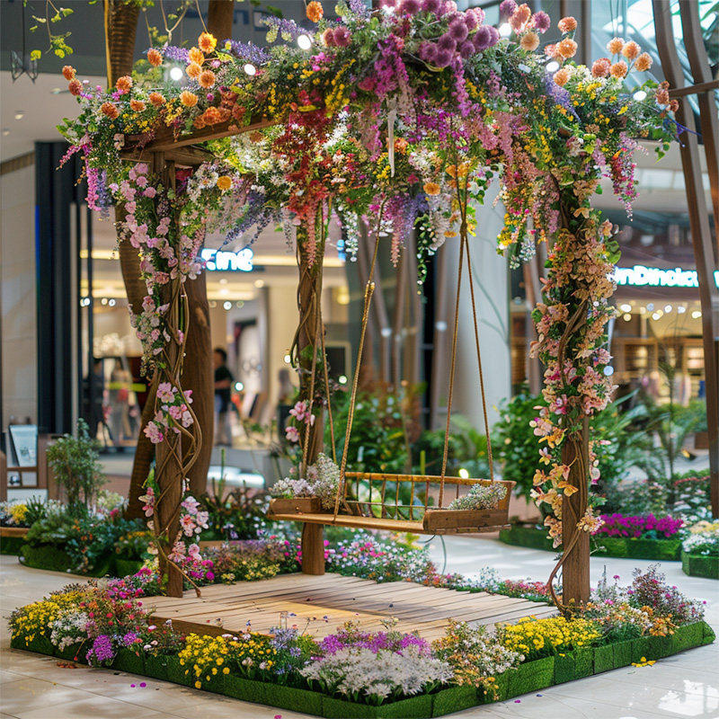 莫奈花园网红打卡仿真花庭院秋千造景瀑布布置假花橱窗拱门门店