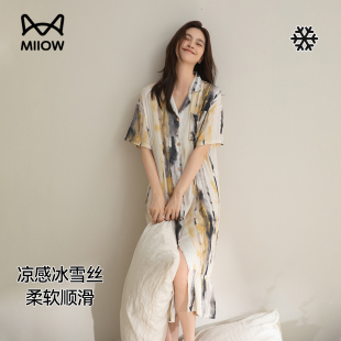 猫人睡裙女中长款 冰丝印花睡衣仿真丝绸家居服可外穿2025新 夏季
