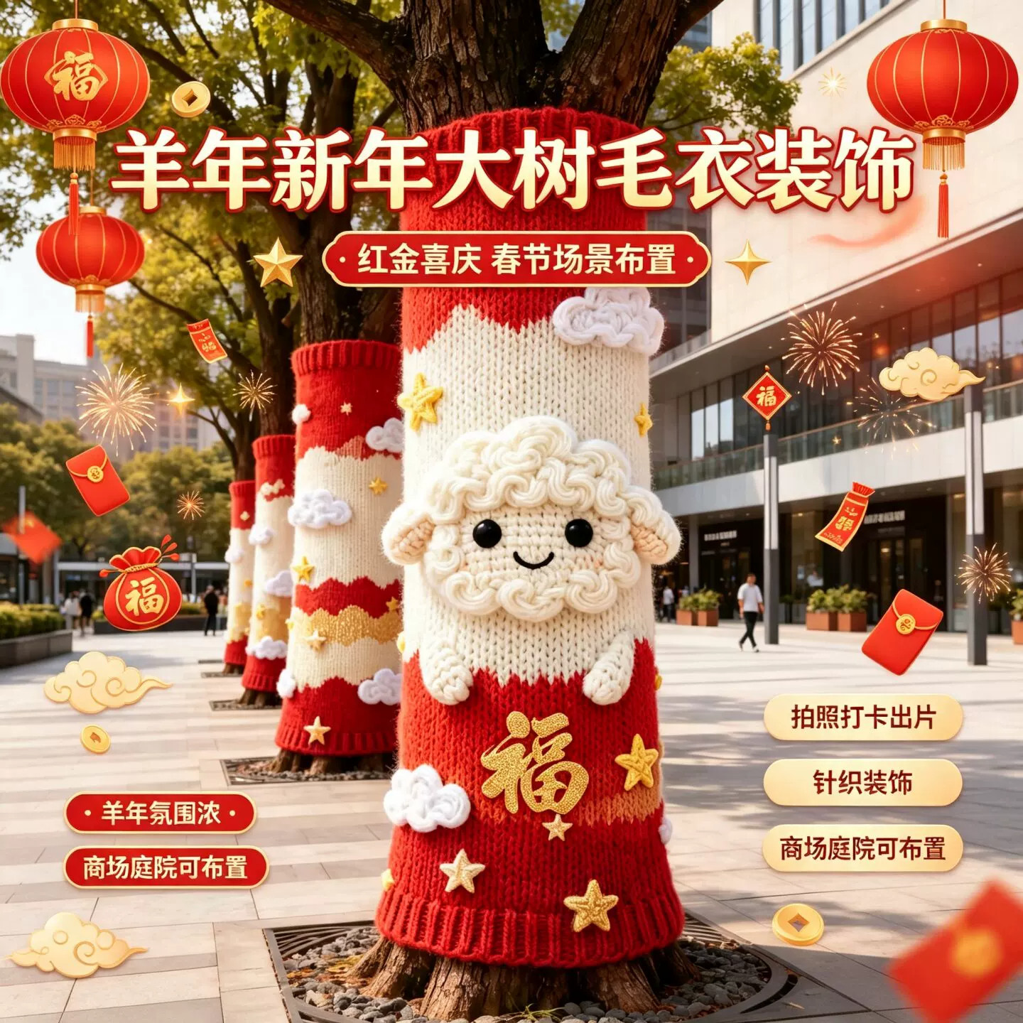 公园新年大树毛衣装饰手工编织毛线街道国庆美陈商场装扮布置道具