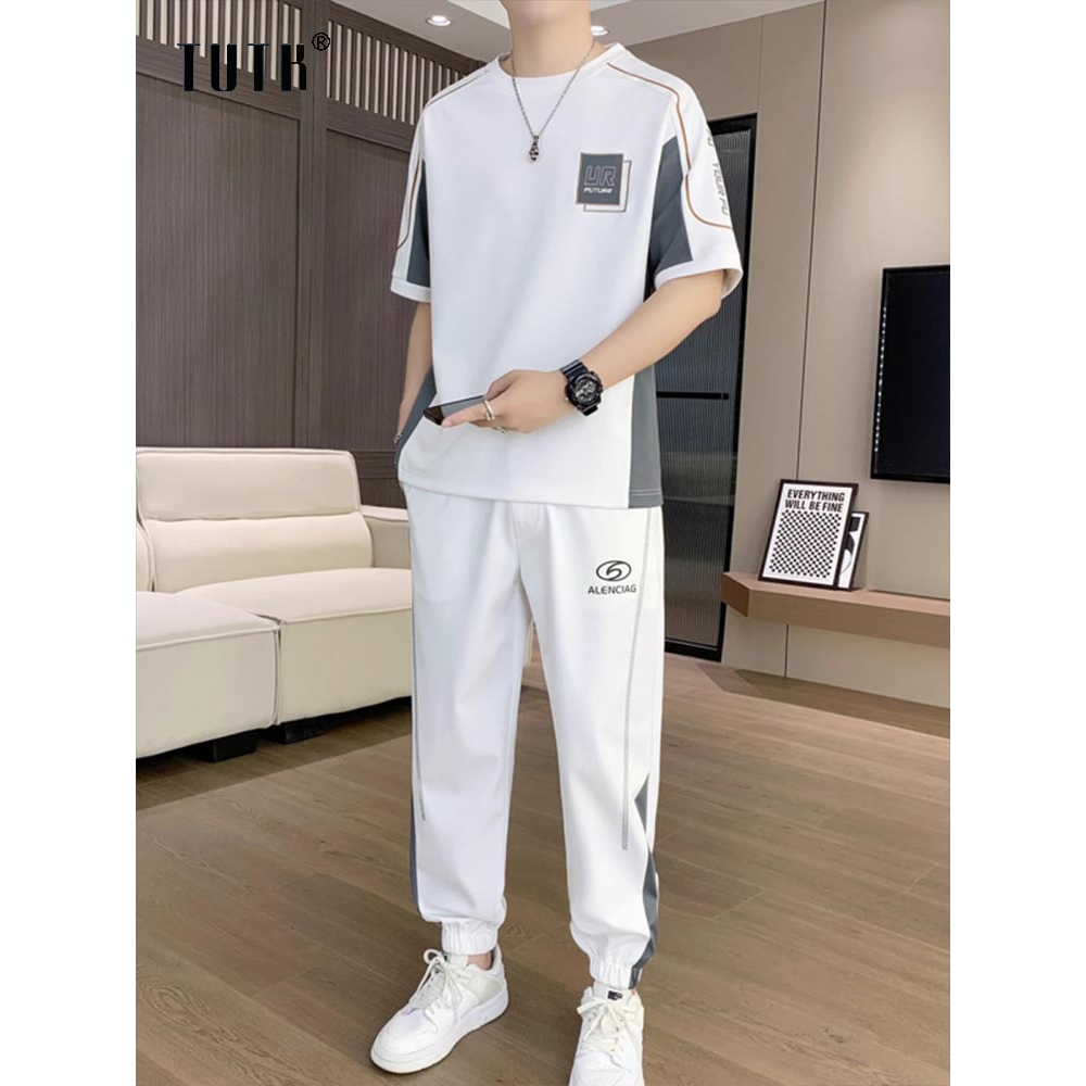 冰丝休闲运动服套装男士夏季高级感拼接撞色印花短袖男装搭配一套