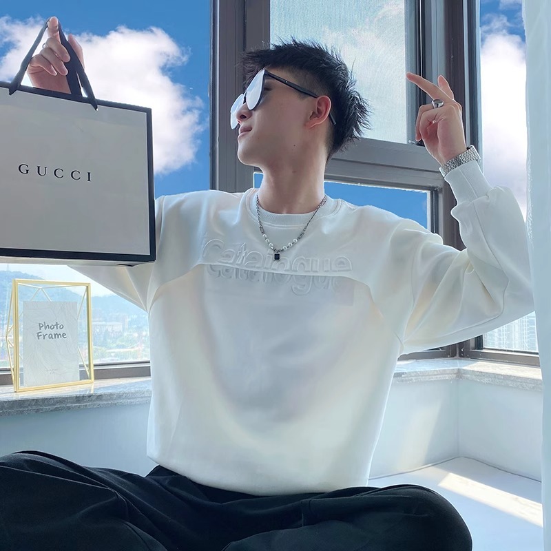 LL男装卫衣男潮牌春秋圆领痞帅高级感潮流2024年新款纯色百搭上衣