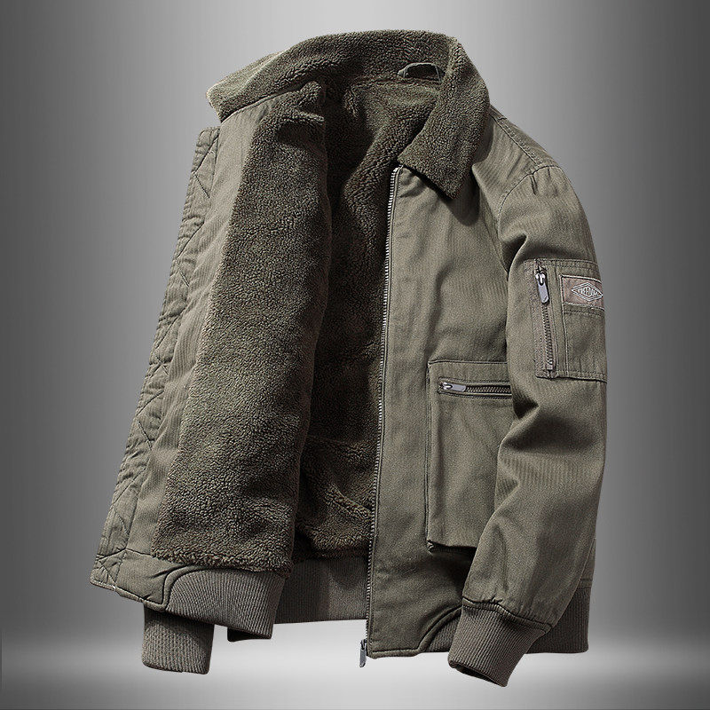 美式工装复古夹克男士翻领秋冬季羊羔绒加厚中年宽松飞行员外套男