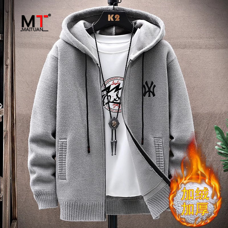 高端羊羔绒男士外套秋冬季新款爆款加绒加厚开衫连帽卫衣男款春秋