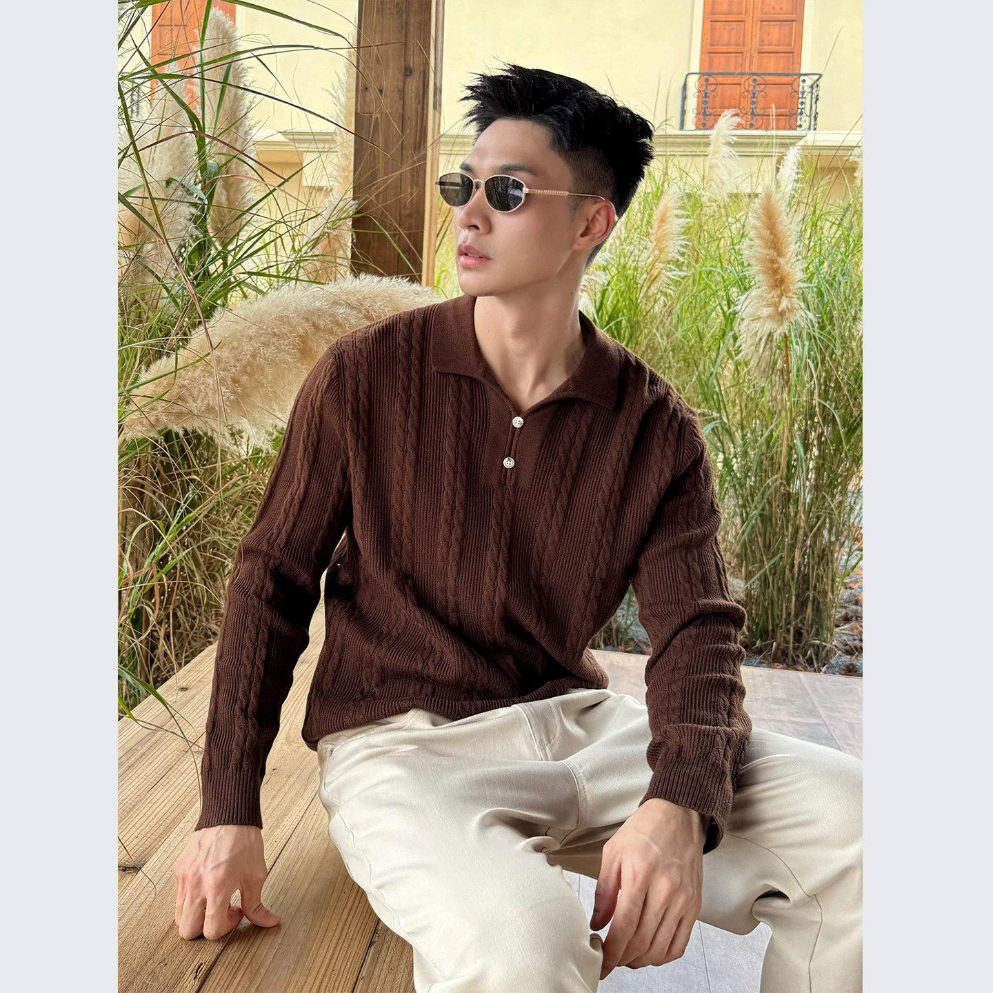 Uamtor老钱风V领针织polo衫男休闲秋冬保暖麻花条纹纯色翻领毛衣