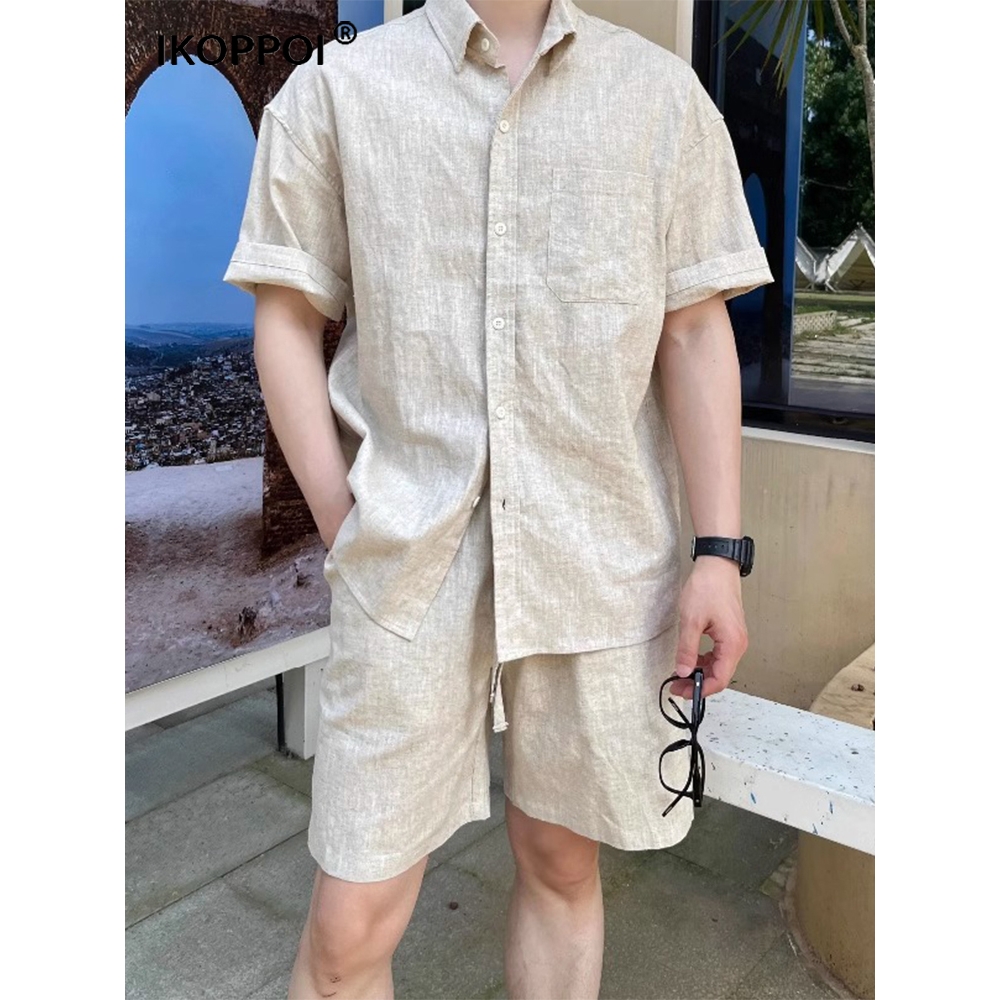 高端棉麻透气薄款衬衫夏季短裤套装男韩系休闲宽松亚麻短袖两件套