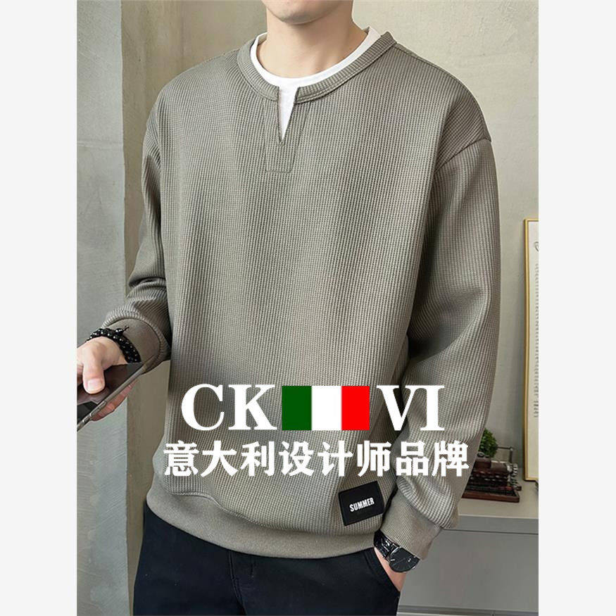 官方正品CKvi卫衣男士秋冬季薄款宽松圆领假两件长袖T恤装打底衫