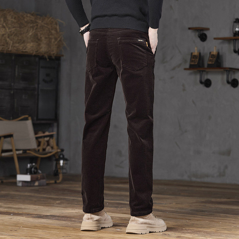 香港高端咖啡色灯芯绒加绒休闲裤男修身直筒秋冬款中年商务长裤子