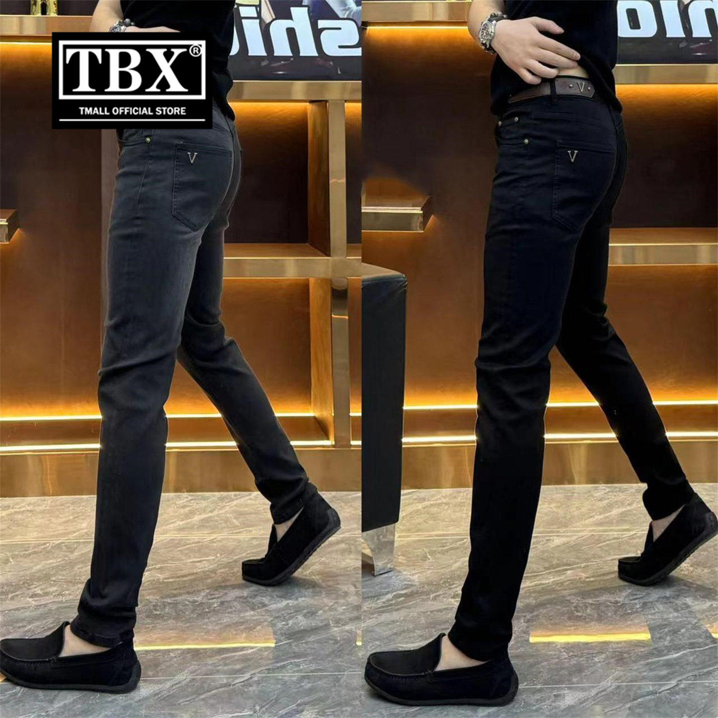 欧货牛仔裤男士2026新款秋冬季加绒加厚修身直筒小脚休闲裤子男款