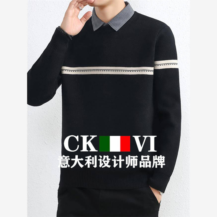 官方正品CKvi加绒假两件羊绒毛衣男士衬衫领线衣厚高端羊毛针织衫