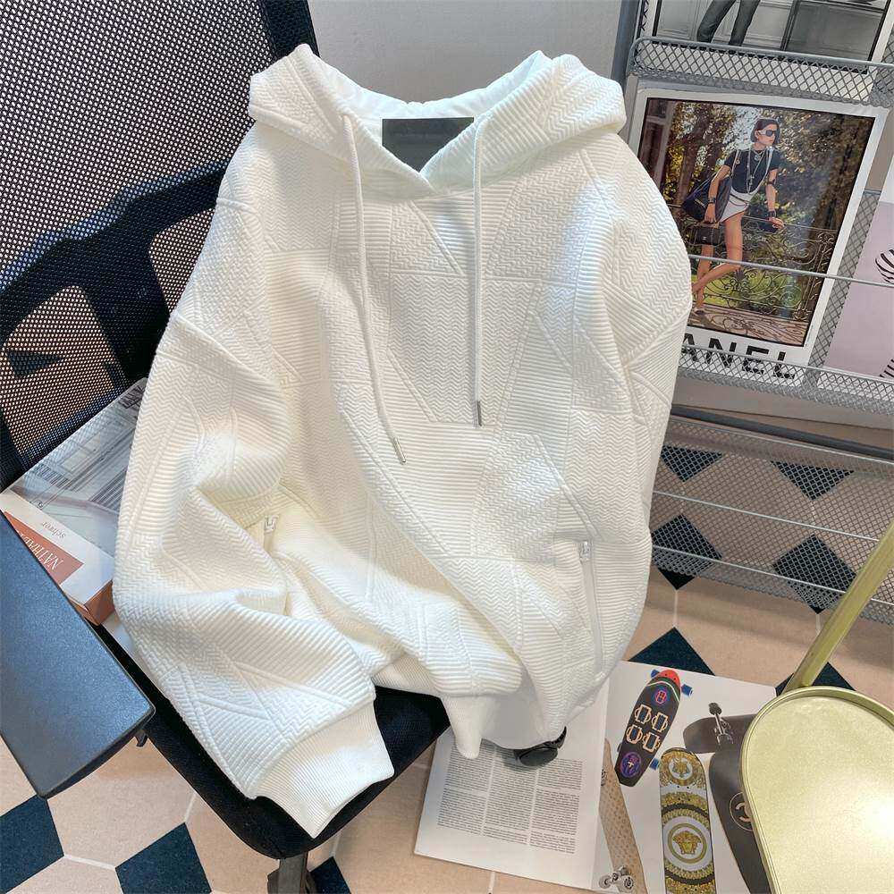 华夫格连帽卫衣男士秋冬季2025新款美式潮牌宽松套头加绒白色外套