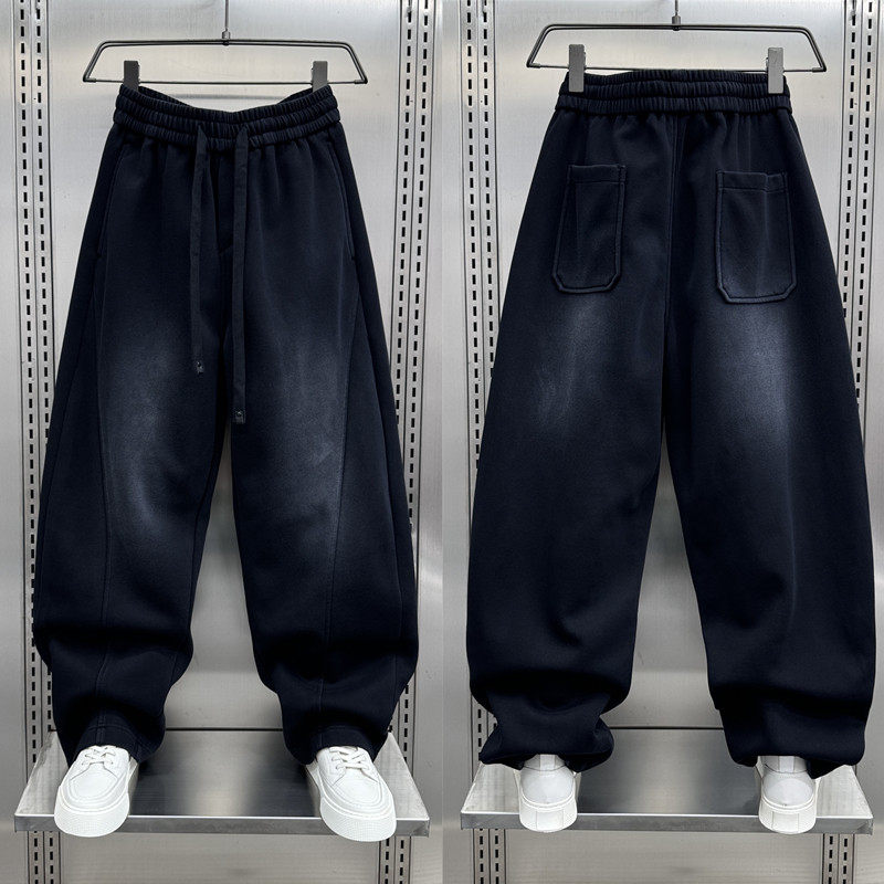潮牌宽松直筒裤男秋冬季2025新款痞帅百搭运动卫裤加绒加厚弯刀裤,男装,休闲裤,淘宝优惠券,粉丝福利购,淘宝优惠卷