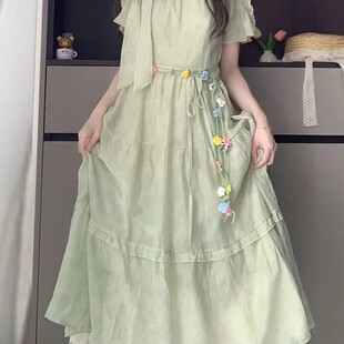 森系甜美木耳边绿色收腰连衣裙女夏学院风气质初恋漂亮仙女长裙子