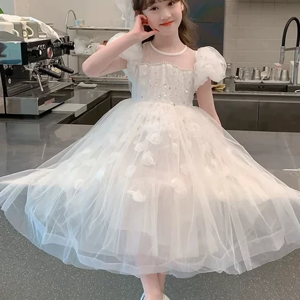 女童连衣裙夏装2026新款洋气白色公主裙夏季儿童网纱礼服蓬蓬裙子