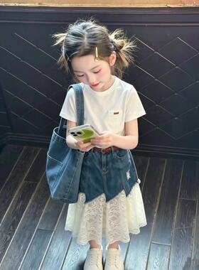 女童套装夏薄款2026新款女宝洋气时髦白色纯棉短袖拼接牛仔半身裙