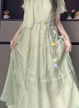 夏季绿色连衣裙13初中学生蕾丝拼接长裙12岁女大童15少女孩仙女裙