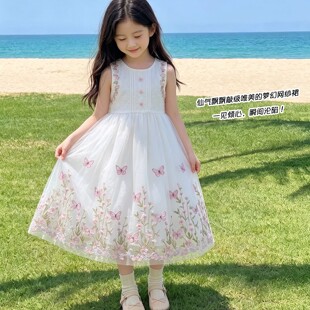 女童2026夏季无袖白色蝴蝶刺绣连衣裙小女孩洋气甜美公主裙中长裙