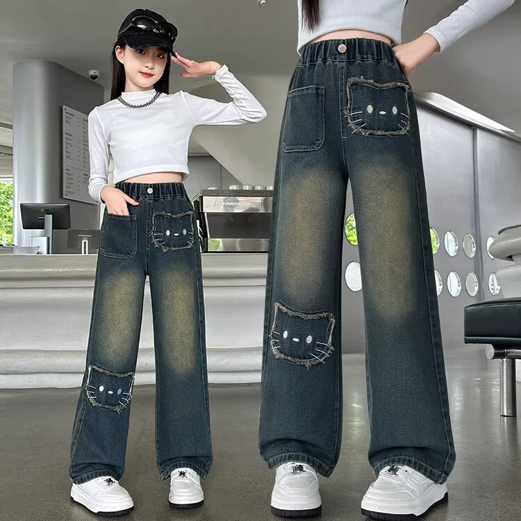 女童裤子秋冬装2025新款加绒阔腿裤儿童直筒裤大童女孩一体牛仔裤