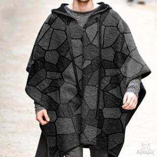 男装 cloak plaid 几何格纹斗篷披肩套头披风毛呢外套Mens coat