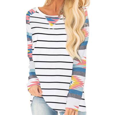 Printed raglan sleeve T-shirt striped sleeve top leopard