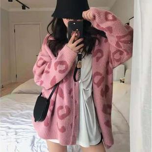 Long Sweater Womens Jacket Knitted Loose Leopard Cardigan