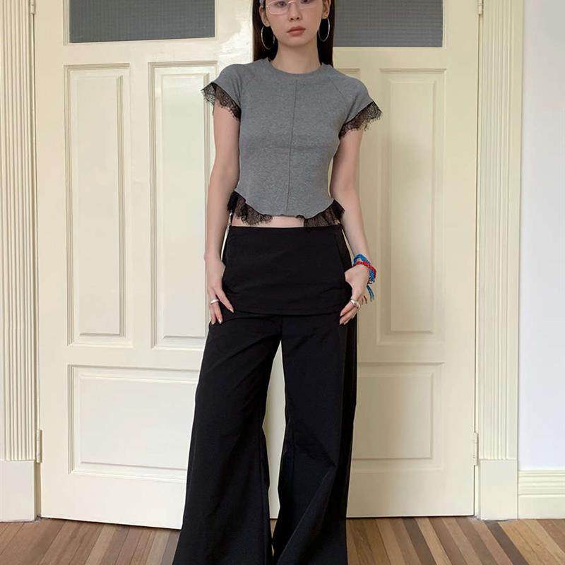 culottes hem casual girl wide street pants slim drawstring