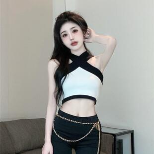 tops navel trendy sleeveless contrast baring color