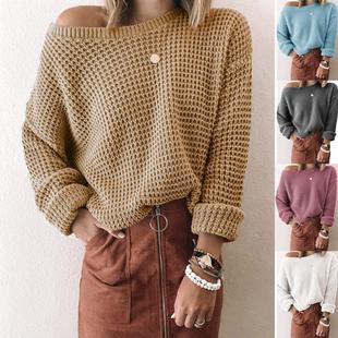 Sleeve Color Top Loose Sweater Slant Long Knitted Collar