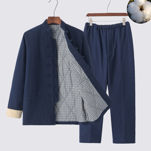 棉花棉袄中式 棉衣棉裤 唐装 男冬季 国风中老年人爸爸立领薄棉服 套装