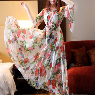 夏季 宽松显瘦大摆长裙去海边裙子度假沙滩裙 雪纺连衣裙女碎花大码